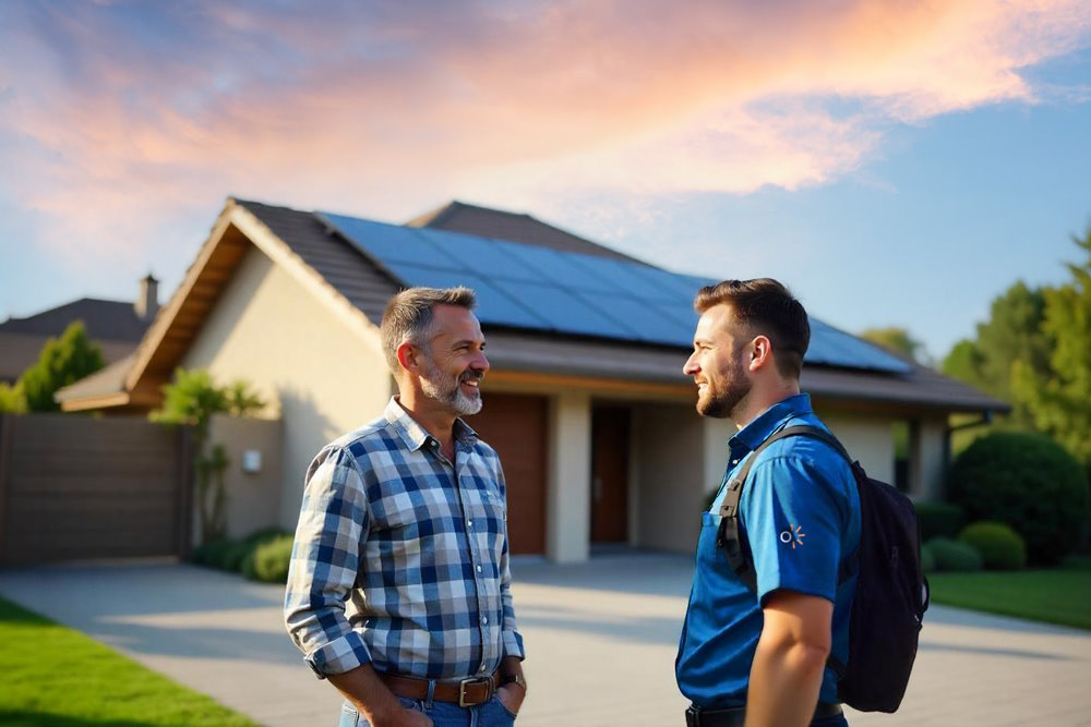 Zwei Personen vor einem Haus mit Solaranlage